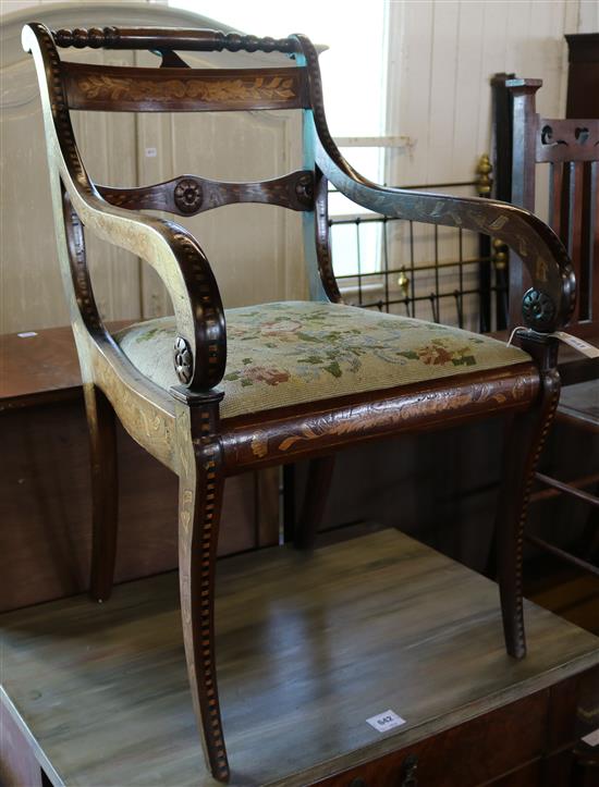 Dutch early 19C mahogany and marquetry open arm elbow chair